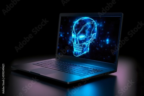 Cyber Security Laptop, Blue Glow Head, Hacker, Malware, Virus