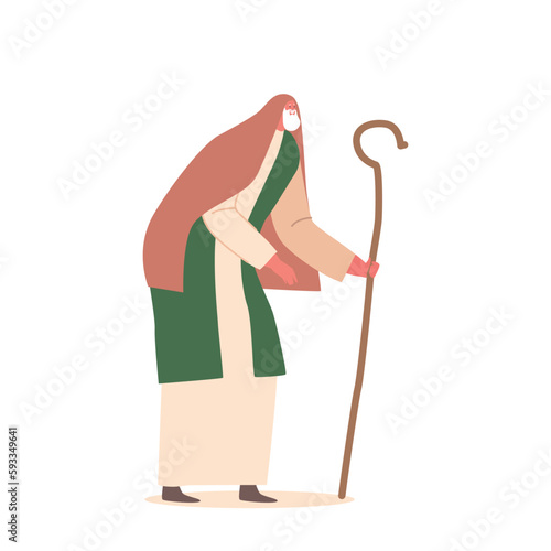 Ancient Senior Israelite Man With Beard in Traditional Clothing and Head Covering Standing Full Height with Staff