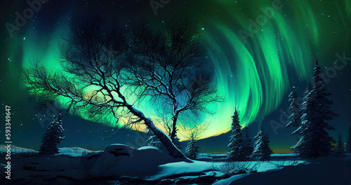 winter landscape with polar aurora. generative ai.