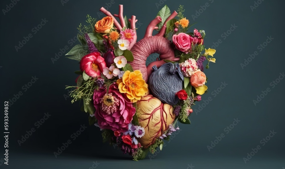 a heart shaped arrangement of flowers and plants on a dark background with a green background and a black background with a gray background and a gray background. generative ai a heart shaped arrangement of flowers and plants on a dark background with a green background and a black background with a gray background and a gray background. generative ai