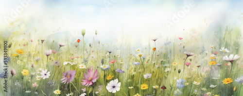 Meadow with wildflowers and sunshine card, summer flowers in field with grass, serenity of vacation with insects and fragrance. Generative AI.