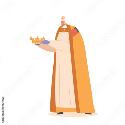 Bishop Donning His Official Attire Hold Crown In Hands During Coronation Ceremony, Symbolizing Sovereignty