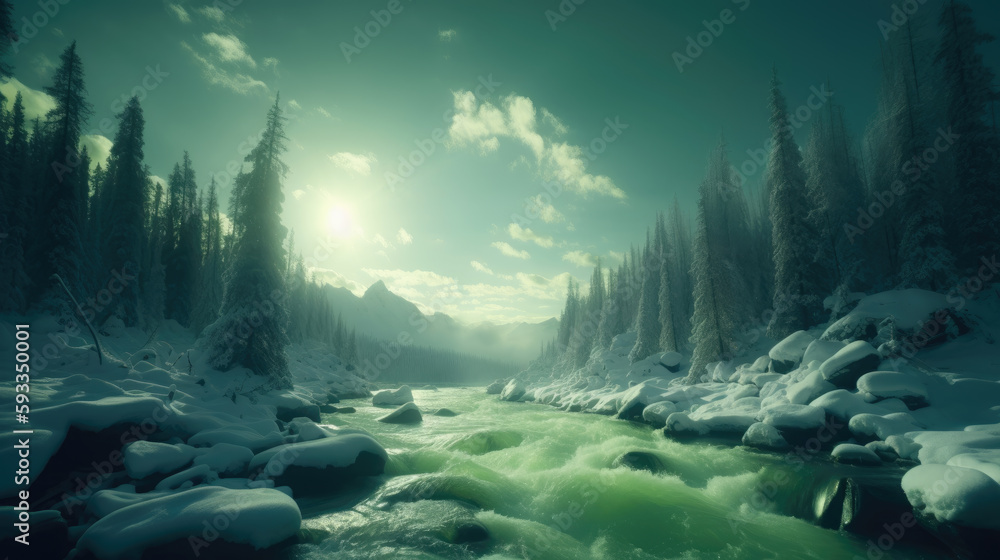 Winter landscape with the river. generative ai.