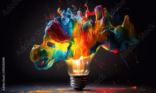  a light bulb with a lot of colors on it's side and a black background with a black background and a black background with a light bulb.  generative ai