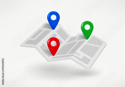 Paper map with color points of interest. 3d vector illustration