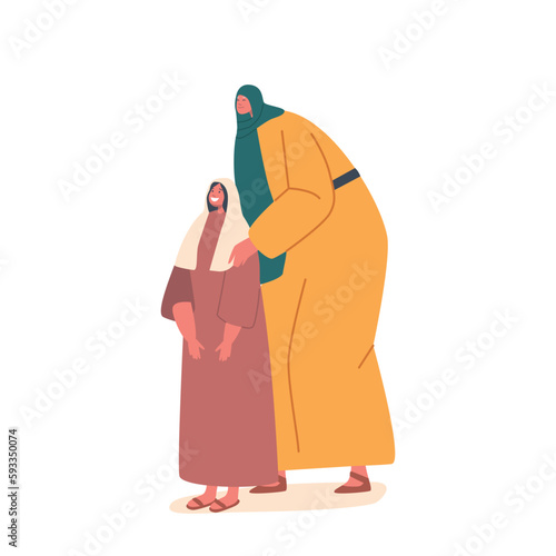 Ancient Israelite Woman Holding Her Young Daughter Shoulders. Historical Or Biblical Characters Representing Motherhood
