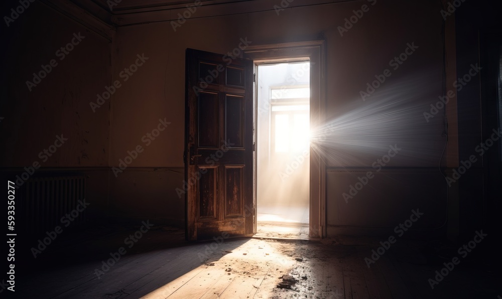  an open door in a dark room with sunlight streaming through it and a light coming through the door is shining in the room with the light.  generative ai