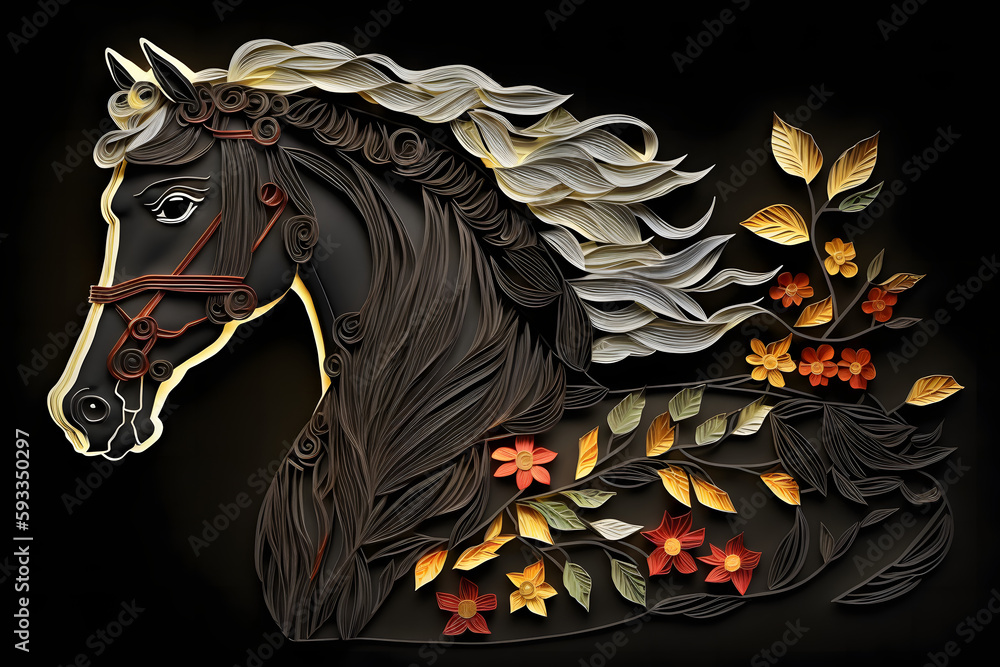Horse paperquilling, animal with leaves and flower