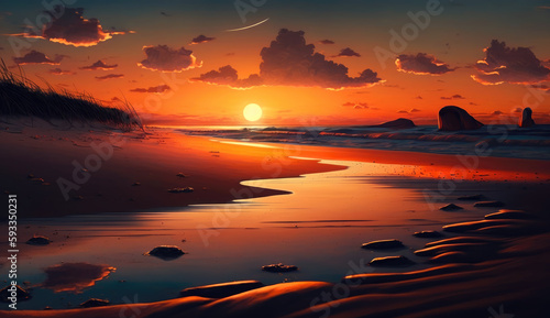 Beautiful sunset over the sea on the beach. generative ai. © jozefklopacka
