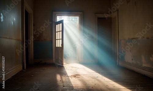  a doorway with a bright light coming in from the window and a door with a light coming in from the window and a door with a light coming in.  generative ai