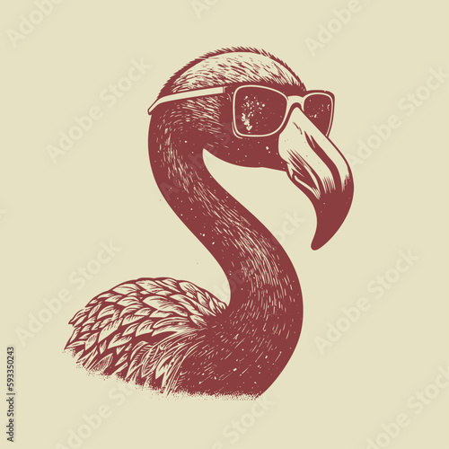 Hand drawn flamingo wearing sunglasses illustration. Vintage woodcut engraving style vector.
