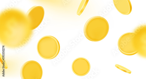 Golden coins falling down vector illustration with blur effect. 3d vector