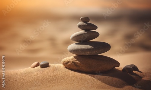  a pile of rocks sitting on top of a sandy beach next to a yellow sun setting in the sky behind them and a small bird sitting on top of the rocks.  generative ai