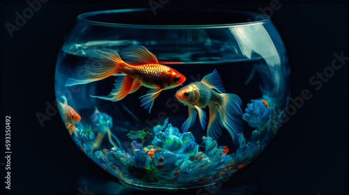 Fishes inside a glass bowl on a dark background