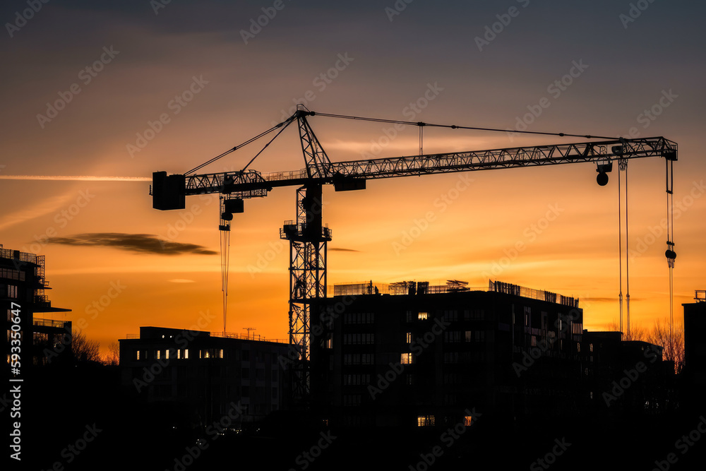 Construction crane at sunset, with cityscape background. High quality generative ai