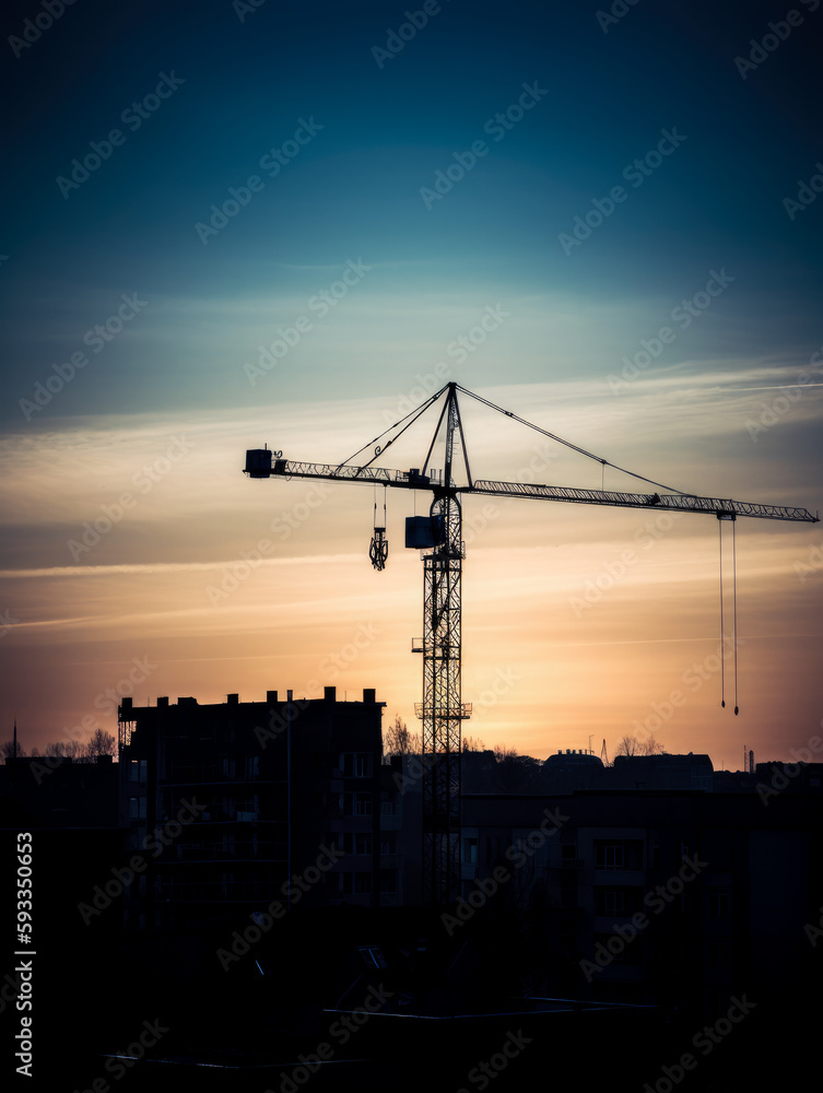 Construction crane silhouette after sunset with cityscape at background, vertical photo. High quality generative ai
