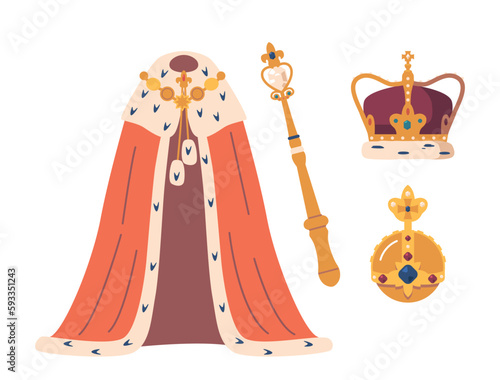 Set For Coronation With Elegant Attributes Including A Golden Crown, A Royal Scepter, Orb And A Crimson Robe