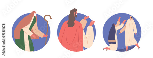 Biblical Story Of Resurrection Of Lazarus Isolated Round Icons. Jesus Raises Lazarus From The Dead, Sister Meet Lazarus