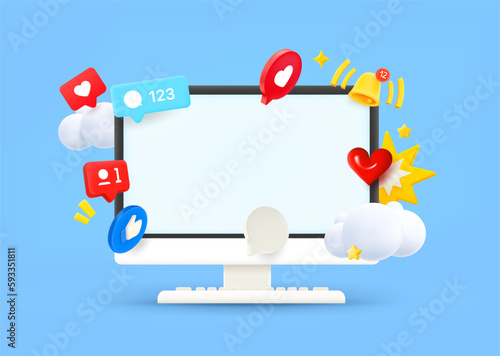Computer monitor with video social media elements and blank screen. 3d vector illustration
 