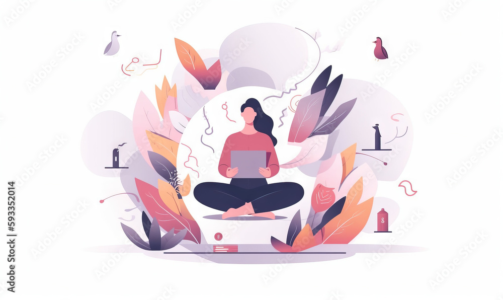  a woman sitting in a lotus position with a laptop on her lap and surrounded by plants and other things around her, in a flat style.  generative ai