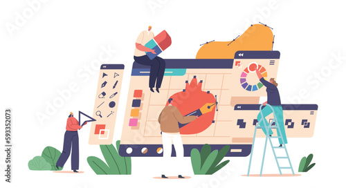 Tiny Graphic Designer Characters Team Brainstorming Ideas, Sketching, And Designing On Huge Computer, Working