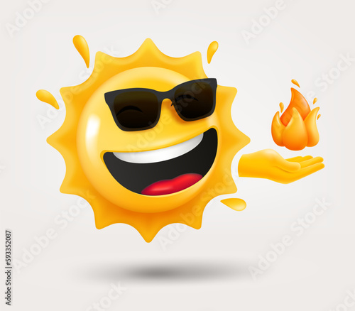 Happy sun emoji with the flame in a hand. 3d vector isolated on white background