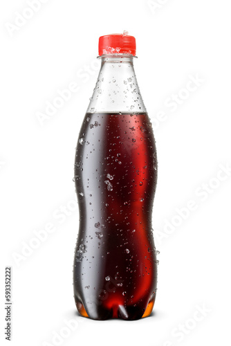 Plastic cola bottle with ice crystals and water droplets isolated on white background. photo