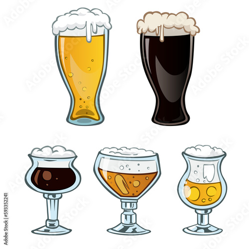 cartoon several different beer glasses on a transparent background