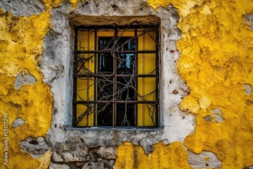 A yellow wall serves as the backdrop for an old window frame. Generative AI