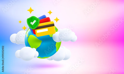 The Earth and password tab. Privat global web connection concept. 3d vector banner with copy space