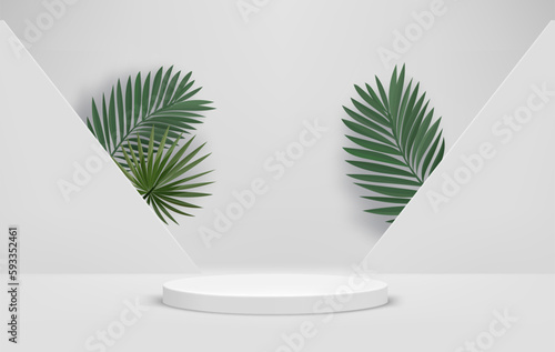 Bright interior with portal, podium and green leaves. Eco friendly product showcase template. 3d vector background