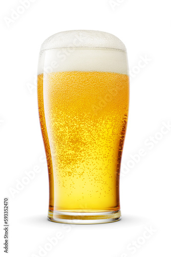 Fototapet Tulip pint glass of fresh yellow beer with cap of foam isolated on white background