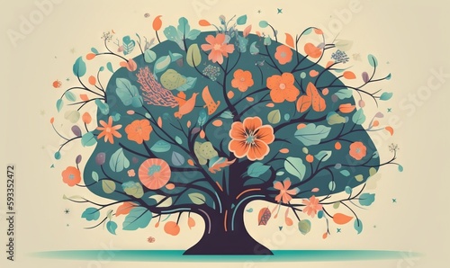  a tree with many flowers and a bird on it s branch  with leaves and flowers on it s branches  on a beige background.  generative ai