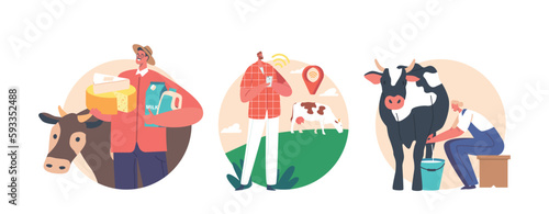 Farmers Characters Work On Livestock With Cows, Milking, Using Gps Technology to Track Grazing, Produce Foods