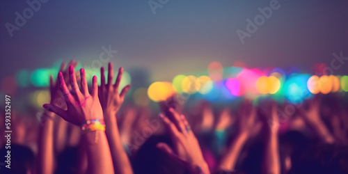 Cheering crowd with hands in air at music festival. Party beach. Blurred people having night beach party in summer vacation. Bokeh People have fun at sunset on a beach. 