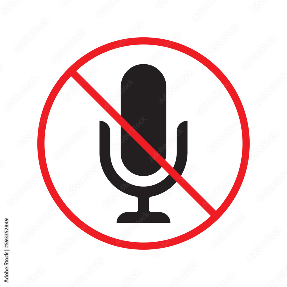 Forbidden microphone vector icon. Mic flat sign design. No mic prohibited vector icon. Warning, caution, attention, restriction, label micro flat sign. Forbidden microphone vector icon. Mic flat sign design. No mic prohibited vector icon. Warning, caution, attention, restriction, label micro flat sign.