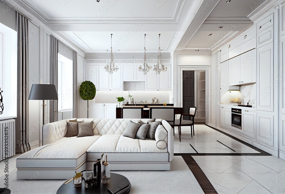 Interior of luxury home, art deco modern trendy living room in white colors kitchen and living room, mock up, ai generative Interior of luxury home, art deco modern trendy living room in white colors kitchen and living room, mock up, ai generative