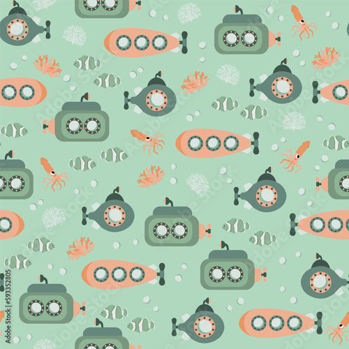 Vector seamless pattern with submarine, clownfish, squid, algae.Underwater cartoon creatures.Marine background.Cute ocean pattern for fabric, childrens clothing,textiles,wrapping paper