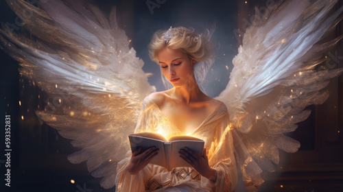 Fotografie angel woman reads a book. generative ai.