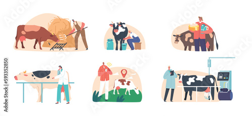 Set Of Farmers Male And Female Characters Work On Livestock With Cows, Cleaning, Feeding, And Milking Them