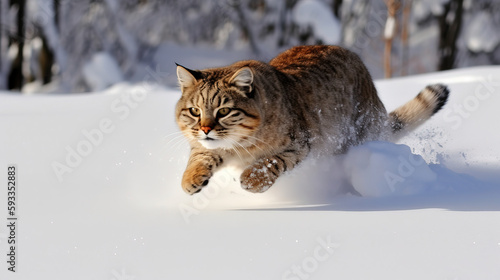 Fluffy brown cat jumping in the snow- amazing shot taken with 35mm 