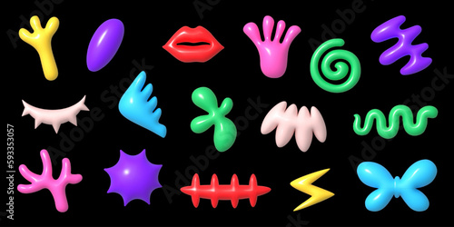Abstract 3D shape set, colorful collection of cartoon plastic style figures with highlights, diverse simple geometric forms, vector illustration