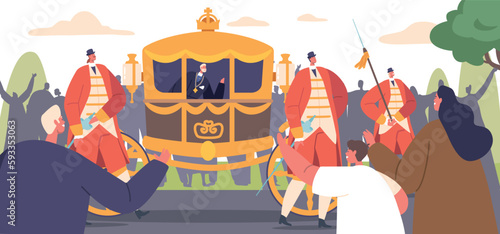Monarch Waves At The Crowd While Riding In A Luxurious Carriage On The Street For A Grand Parade, Cartoon Illustration