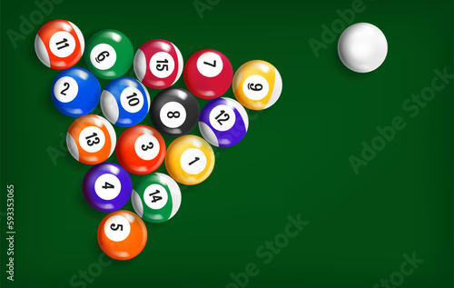 White ball shooting in pyramid of color billiard balls. 3d vector banner with copy space