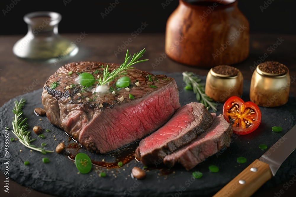 Fresh juicy delicious beef steak on a dark background. AI Generative Fresh juicy delicious beef steak on a dark background. AI Generative