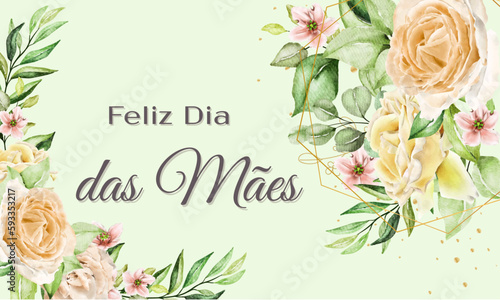 cartão ou banner para desejar um feliz dia das mães em cinza sobre fundo verde com flores de cada lado nas cores rosa, amarelo e salmão