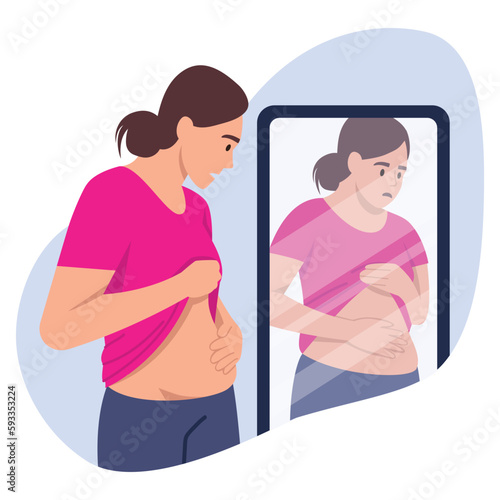 Vector illustration with an overweight girl. Cartoon scene with a confused girl looking at her figure in the mirror isolated on a white background. Extra pounds.
