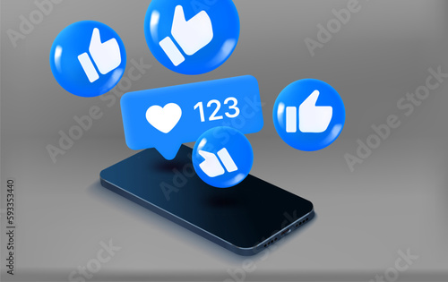 Social media notification bubbles with thumbs up and smartphone. 3d vector concept
