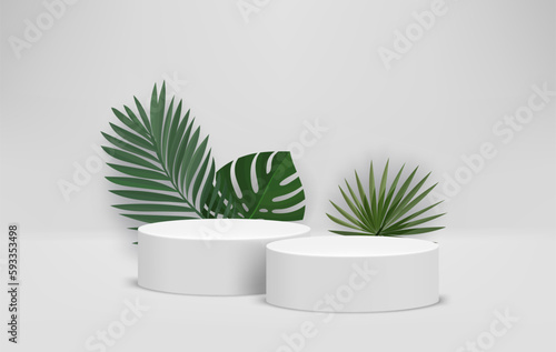 Bright room with podiums and green leaves. Product showcase template. 3d vector background