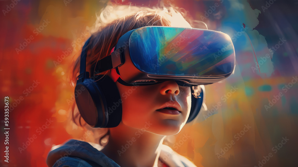 Boy wearing VR goggles on a colorful background by generative AI Boy wearing VR goggles on a colorful background by generative AI